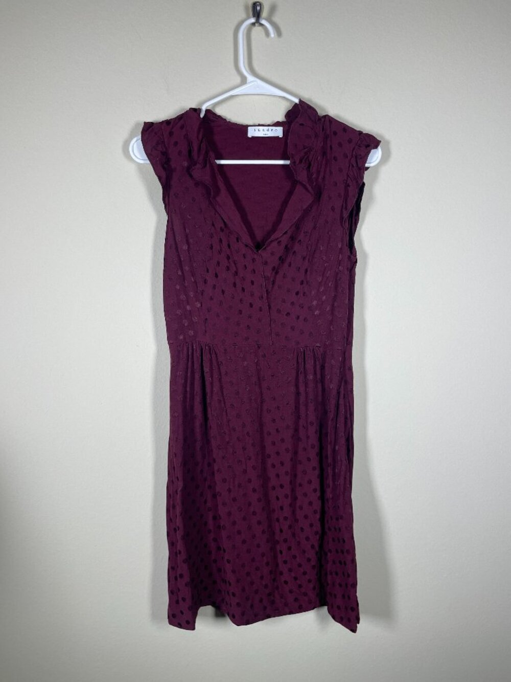 Sandro Jasmine Burgundy Polka Dot Dress Women's Small Ruffles Mini Fit & Flare!